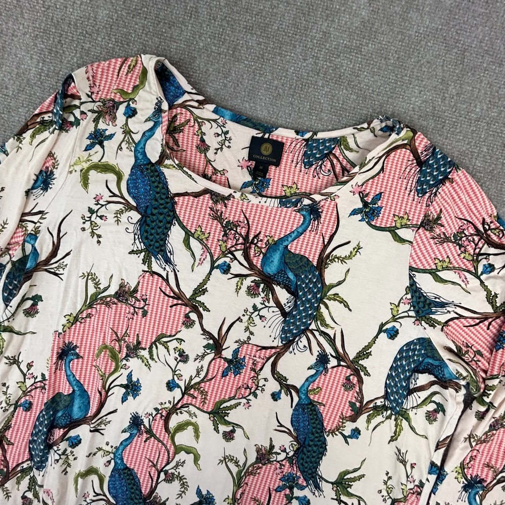 JM Collection Top Womens 3X White Peacock Print Stretch 3/4 Sleeve Round Neck